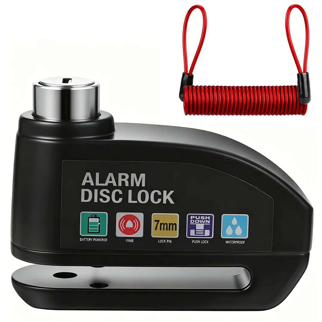 Waterproof Motorcycle Disc Brake Lock with Alarm — Anti-Theft Padlock & Security Accessory for Bicycles, Features 110dB High-Volume Alarm, Easy Installation
