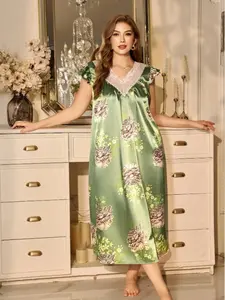 Women's plus size nightgown dress pajama set plus size elegant, sexy, comfortable bow tie thin shoulder strap nightgown+wide sleeve nightgown home suit