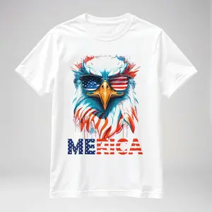 MERICA Patriotic American Eagle Graphic T-Shirt Adult Soft Cotton Casual Top Independence Day USA Flag Sunglasses Print Majestic Bird Motif Short Sleeve Crewneck Apparel Summer Tee