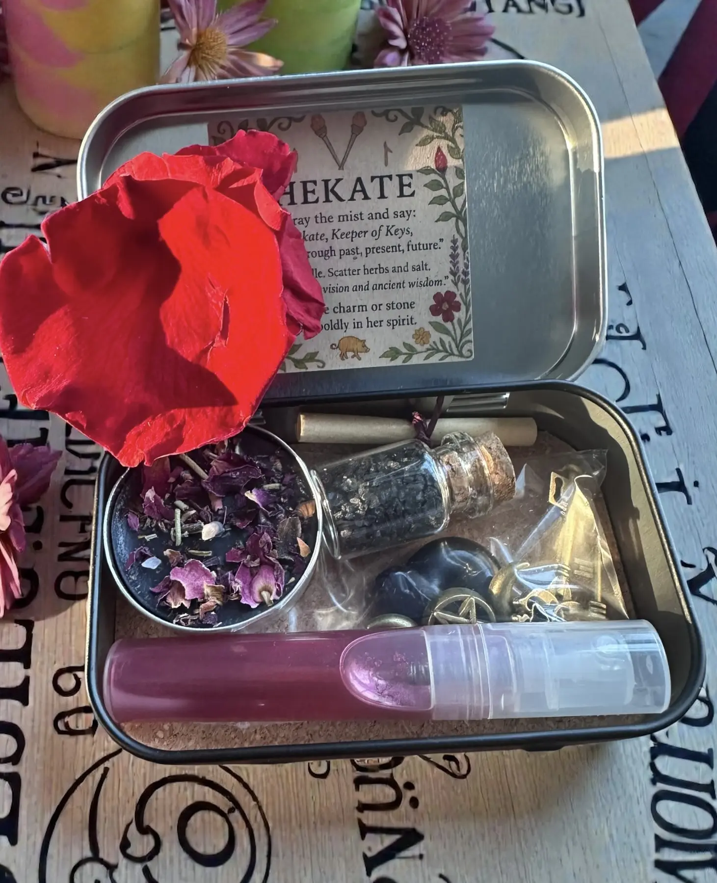 Hekate Travel Altar Tin - Compact Rectangle Eco-Friendly Witch Spell Kit with Light, Crystals, Candles, Bottle, Spray, Daily Goddess Altar Storage for Any Flat Surface