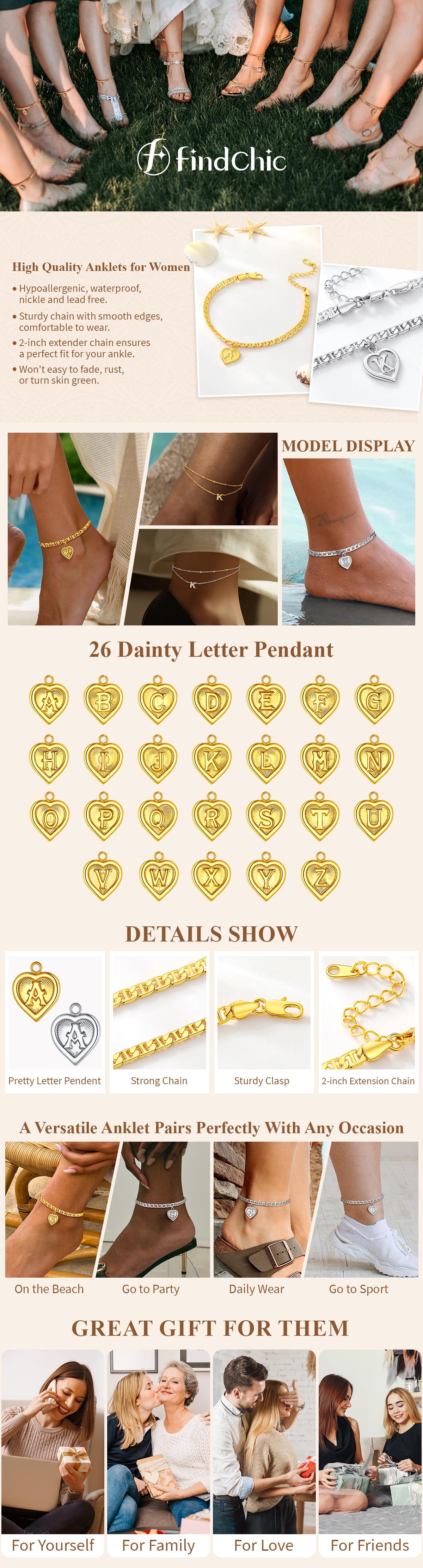 FindChic Initial Heart Anklet Cute Casual Daily Personalized Letter Pendant Mariner Chain Golden Silver Non Tarnish Ankle Bracelet Summer Beach Footwear Graduation BFF Jewelry Gift for Women Girls Girlfriend