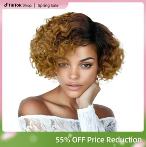 MIUULAAR Hair 6inch Women's Short Curly Afro Wig with Bangs Full Machine Made Natural Appearance Human Hair Wig for Daily Wear Lightweight Warm Caramel Highlights