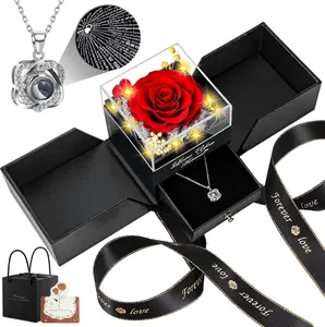 Preserved Real Rose with Heart Necklace – “I Love You” in 100 Languages, Forever Romantic Anniversary Valentines Day Gifts for Her, Wife, Girlfriend