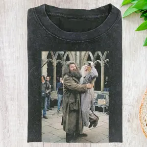 Hagrid and Dumbledore Hug Aesthetic T Shirt, Trendy Magical Behind The Scenes Graphic Tee, Vintage Style Keeper of Keys and Headmaster Illustration Top, Retro Heartwarming Fantasy Fan Gift Apparel