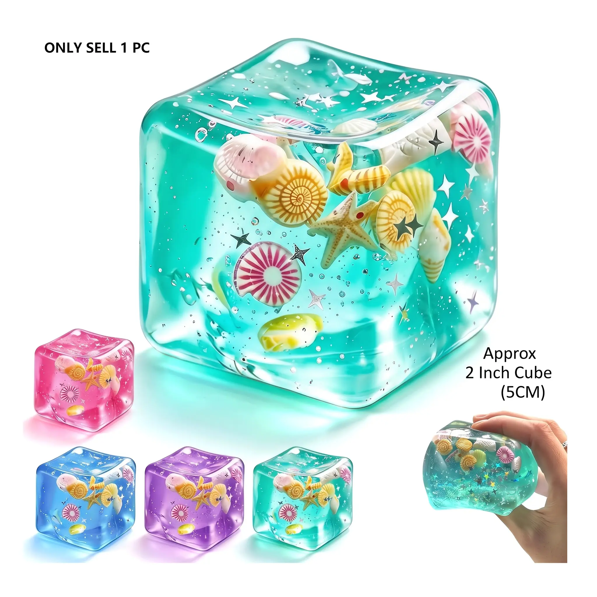 Summer Vibes Jelly Squishy Cube, Transparent Glitter Stress Ball, Slow Rising Fidget Toy for Anxiety & Summer Fun   Cute Ocean Sensory Toy for Kids Adults, Non-Toxic Soft Squeeze Toy, Summer Essentials for Travel Beach Office