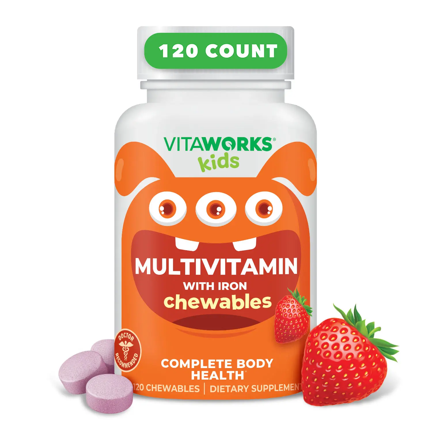 VitaWorks Youth & Children's Daily Dairy-Free Multivitamin Supplement with Iron, Minerals, Vitamin C - Chewable Tablets, 120 Count, Daily Vitamins