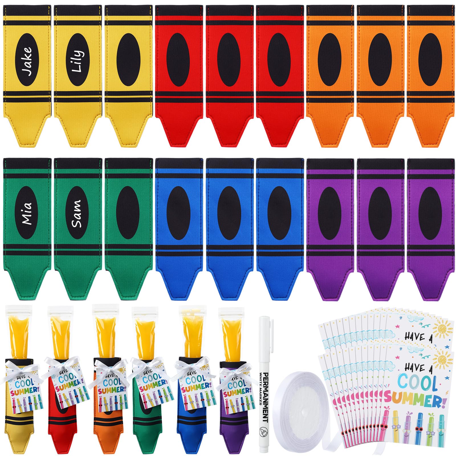 24/30 Pack End of School Year Gifts Reusable Ice Pop Sleeves with Gift Cards & Ribbon, Multicolor Washable Neoprene Popsicle Holders for Students, Classroom Prizes, Summer Favors