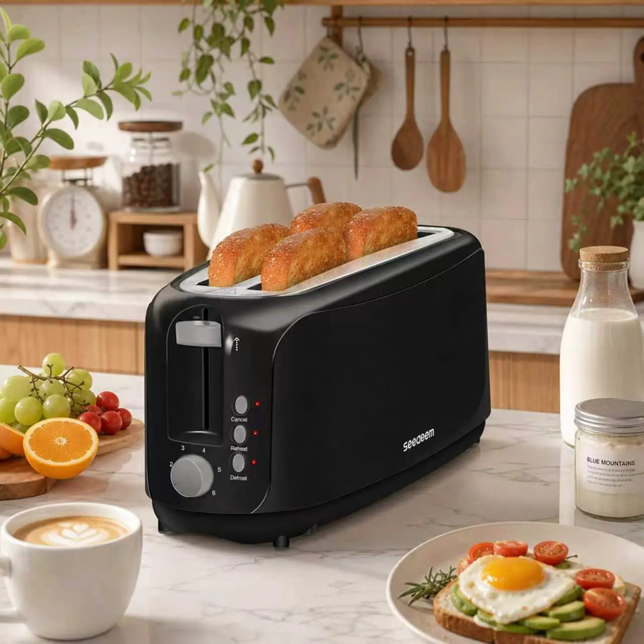 SEEDEEM 4-Slice Countertop Bread Toaster - Extra Wide Slots, 6 Shade Settings, 1400W Power, Defrost/Bagel/Reheat Functions, Removable Crumb Tray, Auto Shutoff (Multi-Slice Toasters for Back to School), Countertop Toaster, Kitchen Appliances