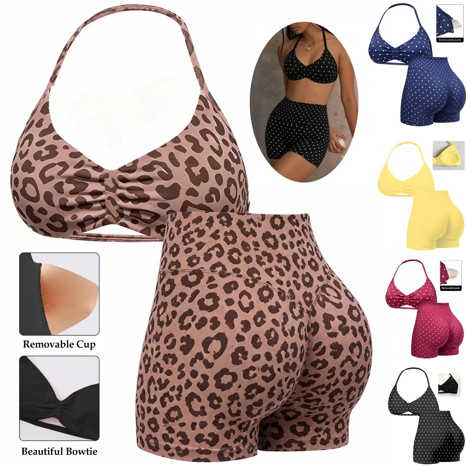 Women's 2-Piece Athleisure Wear Set, Halter Neck Seamless Ribbed Knit Sports Bra & High Waist Scrunch Butt Slim Fit Shorts, Stretchy Fabric Coordinated Top and Shorts Save Time for Gym Yoga Summer Outfits