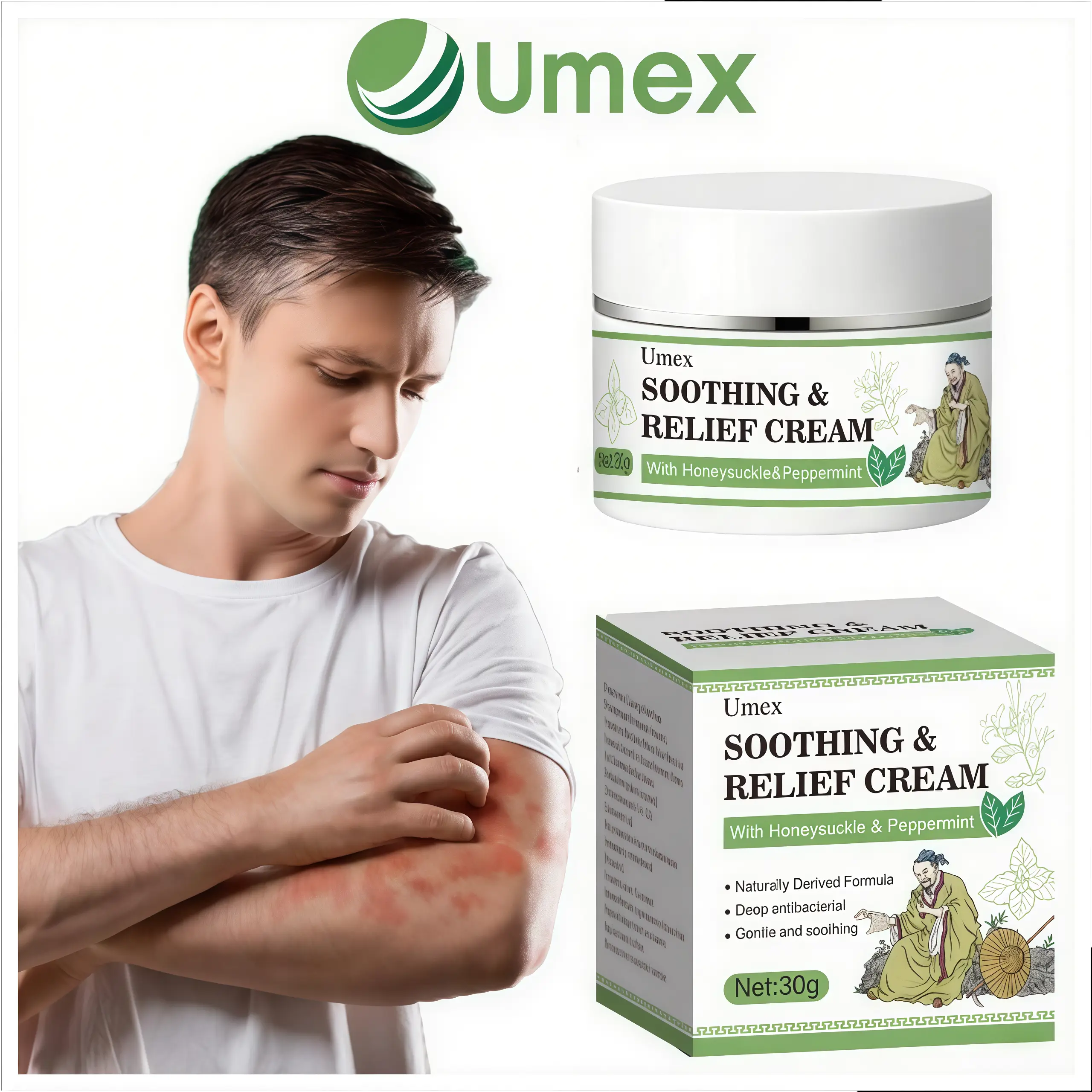 Umex Soothing Relief Cream with Honeysuckle, Peppermint & Essential Oils - 30g, 100% Natural Plant Extracts, Gentle for All Ages, Fast-Acting Itch Aid, Hydrates Dry Sensitive Skin, Therapeutic Solution for Eczema, Psoriasis Flare-Ups (Soothing Ointment),,