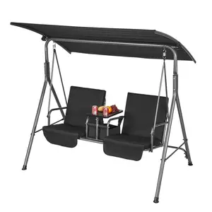 VEVOR 2/3-Seat Patio Swing Chair, Outdoor Patio Swing with Adjustable Canopy, Porch Swing with Storage Bag and Rotating Tray, Oxford Fabric and Alloy Steel Frame, for Balcony, Backyard, Poolside