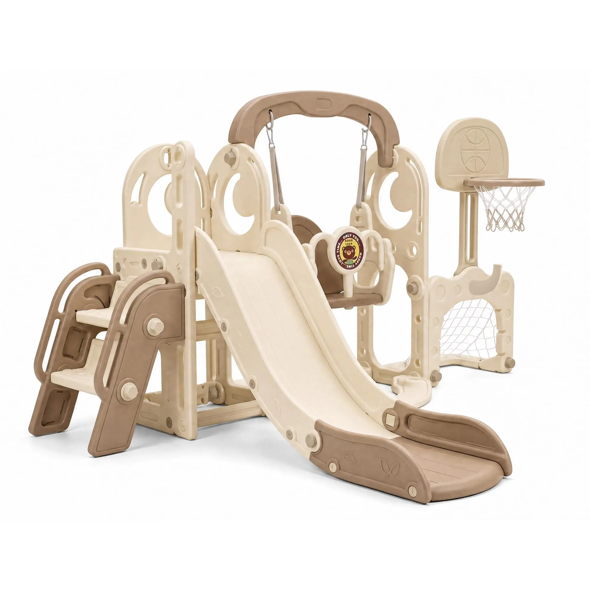 GAOMON Multi-Functional 7-in-1 Unisex Slide + Swing Set for Kids Ages 1-3, HDPE Plastic Indoor Outdoor Playground Playset with Climber, Basketball Hoop, Soccer Goal, Ring Toss & Storage - Brown