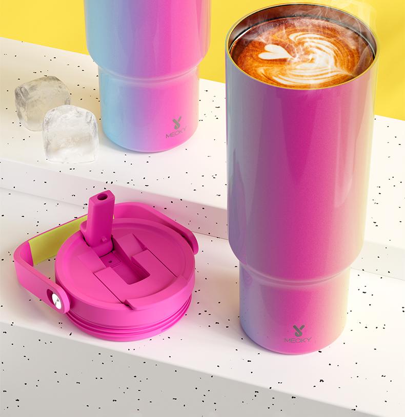 MEOKY Christmas 40oz Car Insulated Mug, Reusable Large Capacity Insulated Mug, 24 Cold Keeping, Leakproof Tumbler , Replaceable Handle, Includes Braided Handle