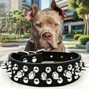 Adjustable Spiked Studded Dog Collar and Leash Set Durable PU Leather Anti-Bite Punk Pet Collar for Medium & Large Dogs Pitbull Bully Boxer Classic Black Bold Red Royal Purple Pink Baby Blue