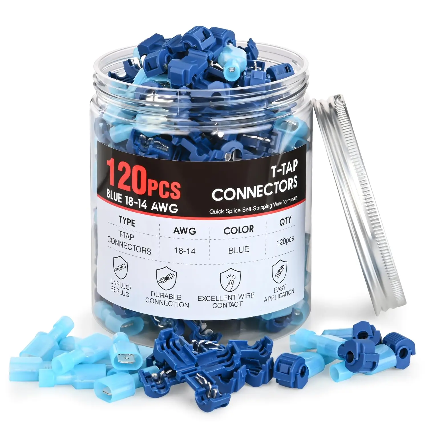 Nilight 120PCS/60 Pairs Quick Splice Disconnect Wire Terminals T-Tap Spade Wire Connectors Bule 16-14 AWG Male Female Fully Insulated Electrical Wire Crimp Self-Stripping Kit