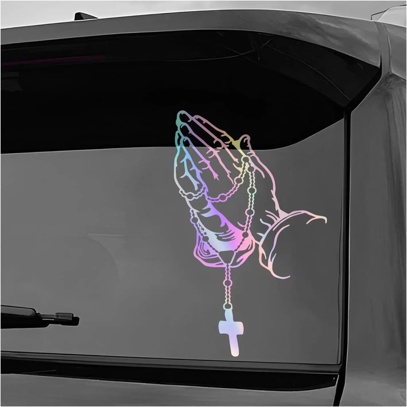 RAVOONY Reflective Laser Universal Car Sticker, Elegant Praying Hands Cross Rosary Gesture, Waterproof Vinyl Decals for Vehicle Exterior Decoration, 7x4.3in Easy Application Car Accessories Stylish Car Merch