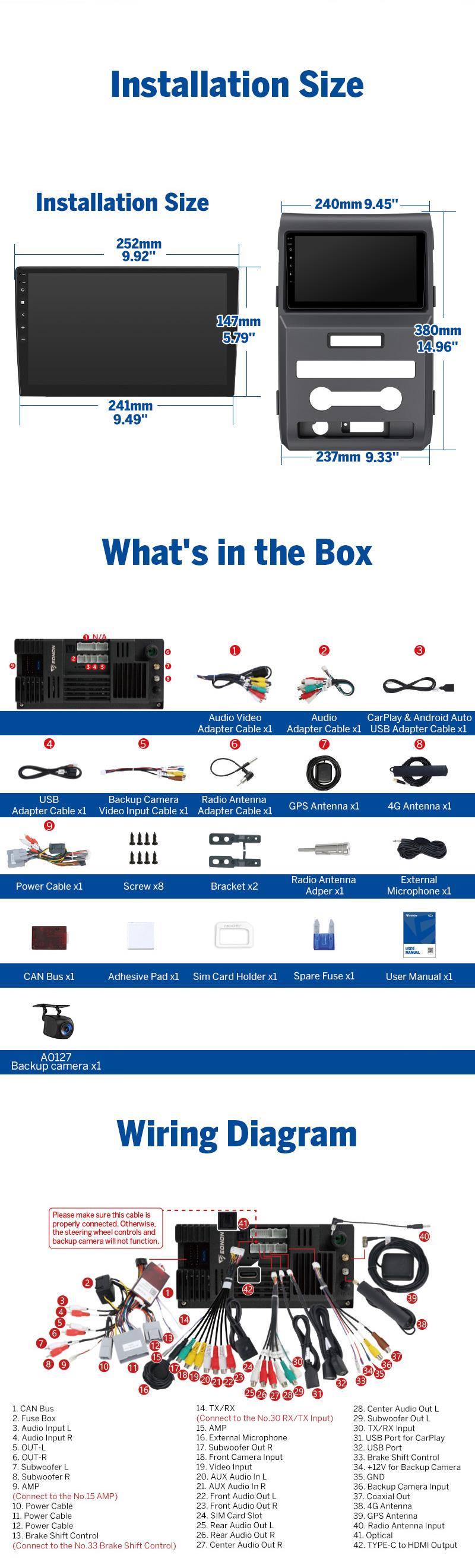 EONON Car Stereo for Ford F150 2009-2014, Wireless CarPlay & Android Auto Car Radio Touch screen, 9" Android 14 Car head unit, Steering wheel controls, Sub, Bluetooth, GPS Navigation, Backup camera - FDF1X7A, FDF1X7S
