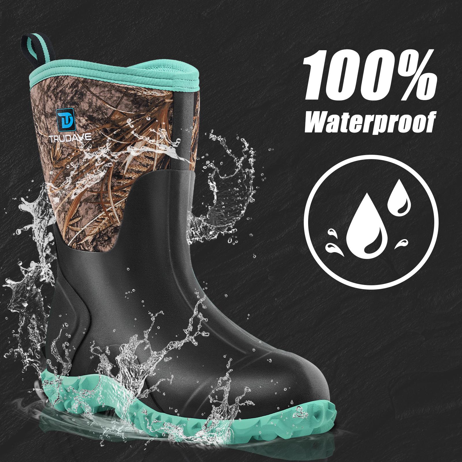 Trudave All-Season Waterproof Rubber Boots for Women Mid-Calf Rain & Hunting Boots with Steel Shank Insulated & Anti-Slip Sole Black Size 5-11 Comfortable Footwear Girl