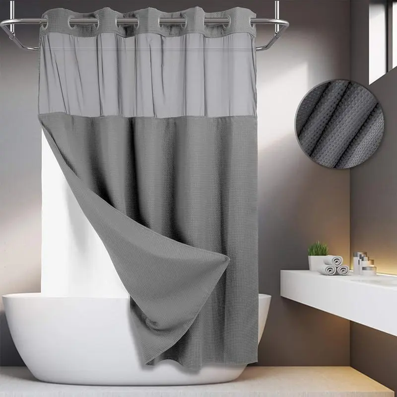 Grey No Hook Shower Curtain with Snap in Liner -grey Double Layer Shower Curtain -Fabric Waterproof Inner Liner, White Cloth Shower Curtains Washable,72 x75 Inch showercut Home Essentials