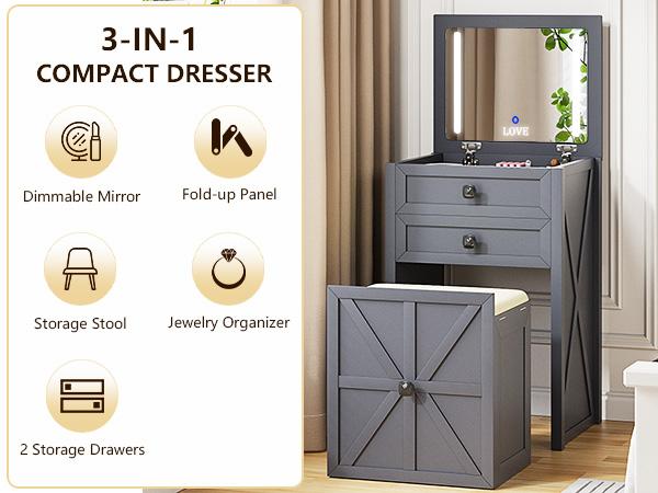 Miu Farmhouse 3 in 1 Vanity  , 3-Color Adjustable Lighting, Cushioned Stool for Bedroom Organization LED Bedside Table with Drawers Dimmable Mirror