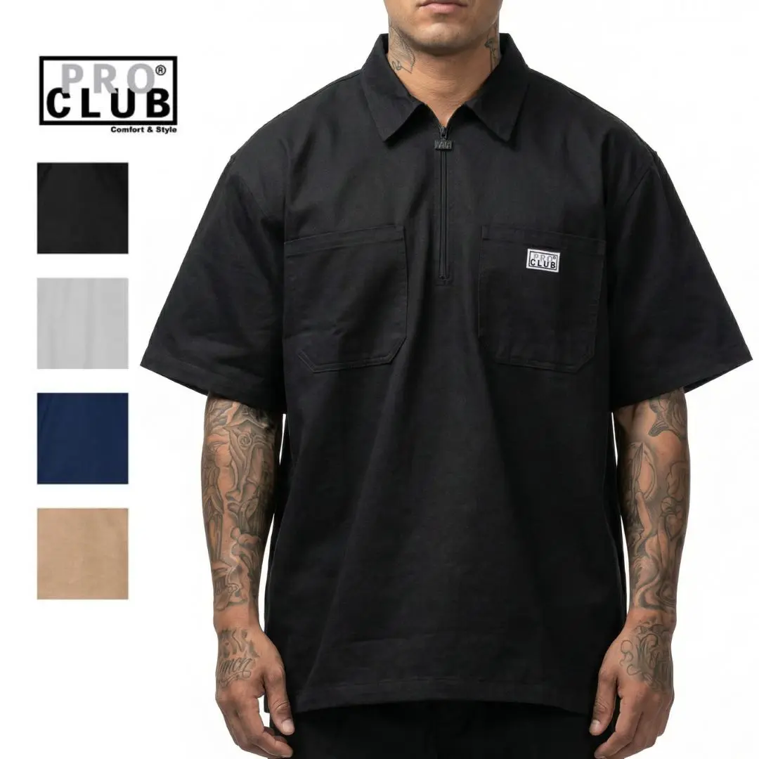 PROCLUB Men's Heavyweight Half-Zip Relaxed Fit Short-Sleeve Menswear Work Shirt - Durable Fabric, Chest Pockets for Outdoor & Everyday Wear, Zipper Closure, Shortsleeve, Small, Plain, Workwear, Spandex, Classic, Cotton