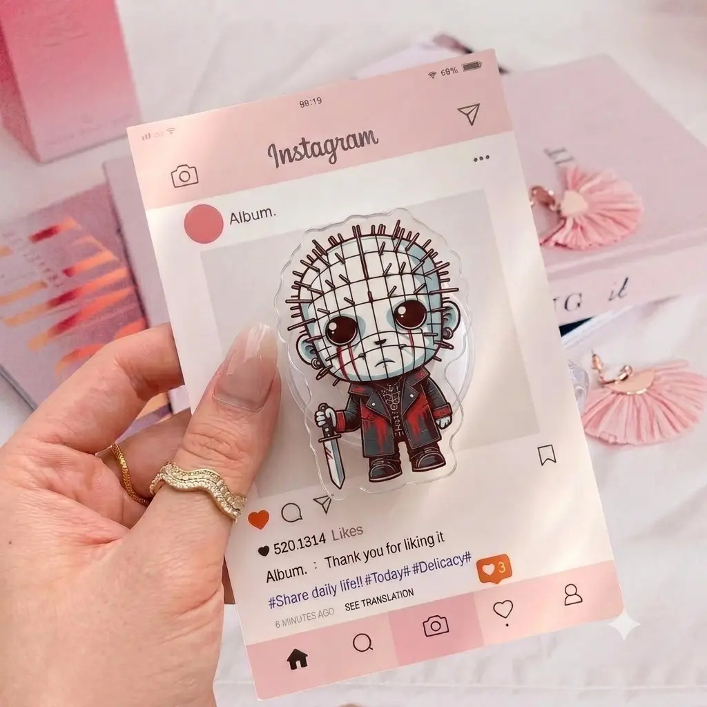 Cute Horror Movie Character Phone Grip Pinhead Chibi PopSocket Collapsible Phone Stand for Horror Fan and Movie Lovers