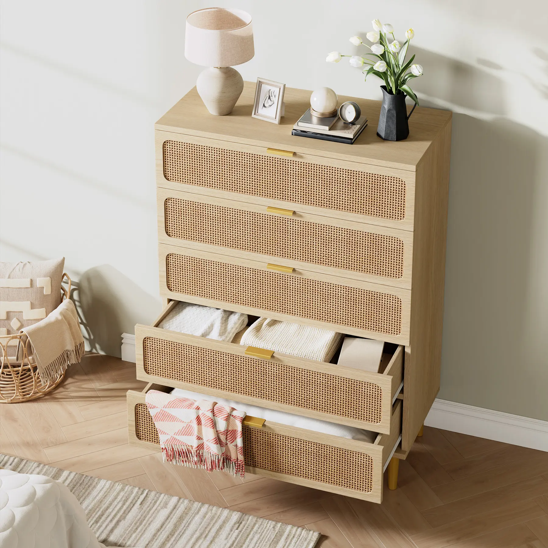 Modern Rattan 5-Drawer Storage Cabinet with Drawers Organization, Large Wooden Dresser Chest with Deep Compartments & Spacious Wide Top, Multi-Purpose Modern Storage Cabinet for Entryway Bedroom, Natural White Finish, Modern Storage Cabinets