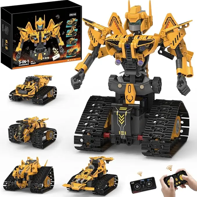 Unisex 5-in-1 STEM Robot Building Kit - 373+ ABS Plastic Precision-Cut Blocks, Remote & APP Control Programmable Coding Electric Toy Gift with Batteries for 8-12 Years Kids