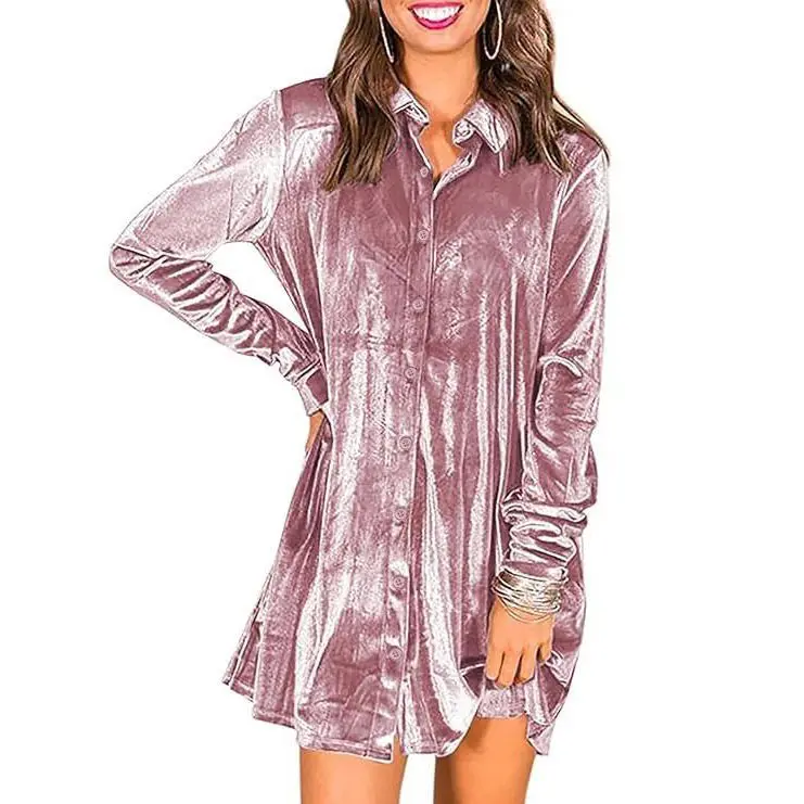 Cicy Bell  Women's Velvet Button-Up T-Shirt Dress with Pockets Irregular Hem Waist-Cinching Medium Thickness Chic Design