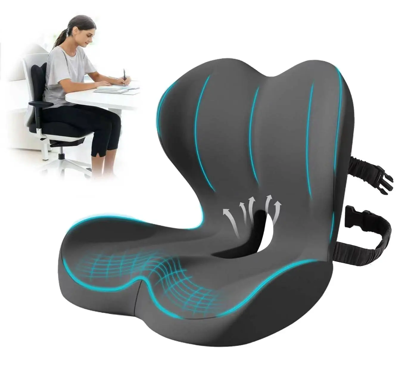 【Back to School】Ergonomic Adjustable Memory Foam Seat Cushion with Strap - Back Pain Aid, Desk/Cars/Chairs Use, Helps Ease Sciatica-Related Sitting, Lumbar & Tailbone Stress Relief, Lumbar Support Eases Back Pressure, Office/Car/Gaming