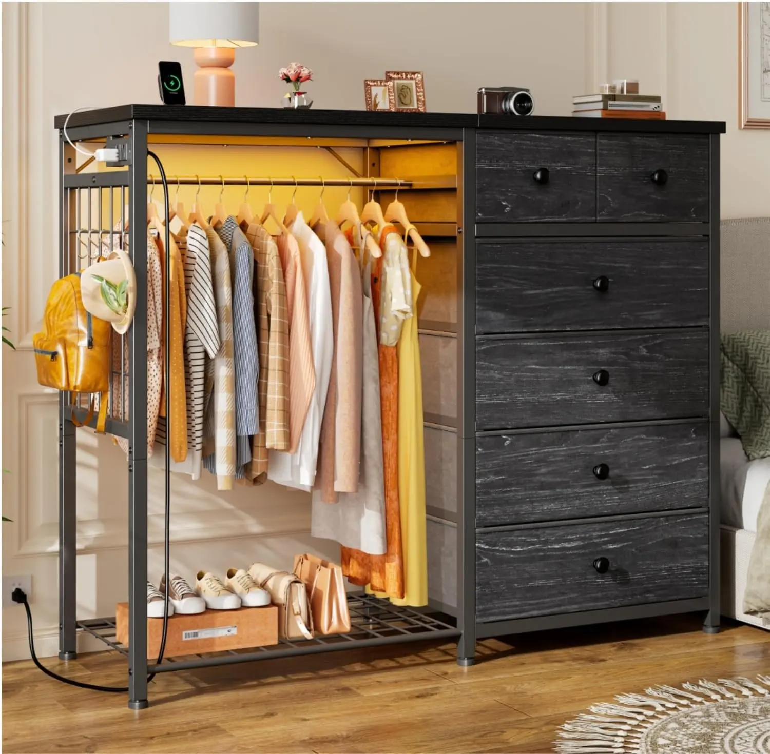49.2" Wide Multifunctional Dresser | Features LED Lights, USB Charging, Hanging Rack & 6 Fabric Drawers with Wood Top | White Storage Tower for Bedroom
