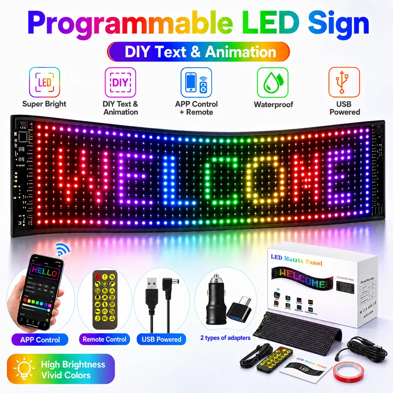 Colorful Programmable LED Panel Sign, Flexible RGB Matrix Panel with APP+Remote Control, DIY Text Animation Display, Waterproof USB-Powered Message Board, Car Exterior Decoration, Room Decor & Man Cave Gadgets, Includes 2 Adapter Types, Party/Store