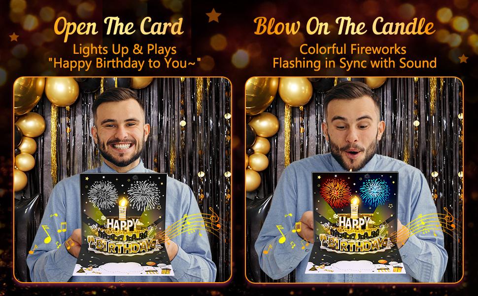 INPHER DIY Age Birthday Cards Fireworks Pop Up Cake Light and Music Black and Gold Happy Birthday Card Gift for Husband, Men, Women, Mom, Grandma INPHER DIY Age Birthday Cards Fireworks Pop Up Cake Light and Music Black and Gold Happy Birthday Card Gift for Husband, Men, Women, Mom, Grandma