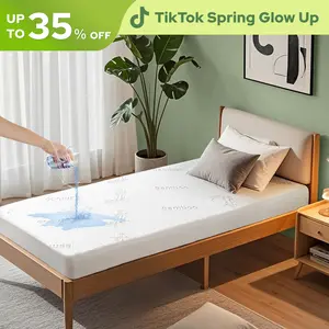 SpringGlowUp【BEDLORE】Cooling Bamboo Textured Fitted Mattress Protector: Ultra-Soft, Breathable & 100% Waterproof Deep Pocket Sheet with Non-Slip Skirt, Noiseless & Washable Cover for a Spa-like Tranquility in Your Master Bedroom or Guest Room.