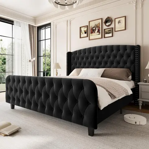 Tall Queen/King Size Bed Frame with Deep Button Tufted Wingback Headboard and Footboard, Velvet Upholstered Platform Bed Frame, No Box Spring Needed