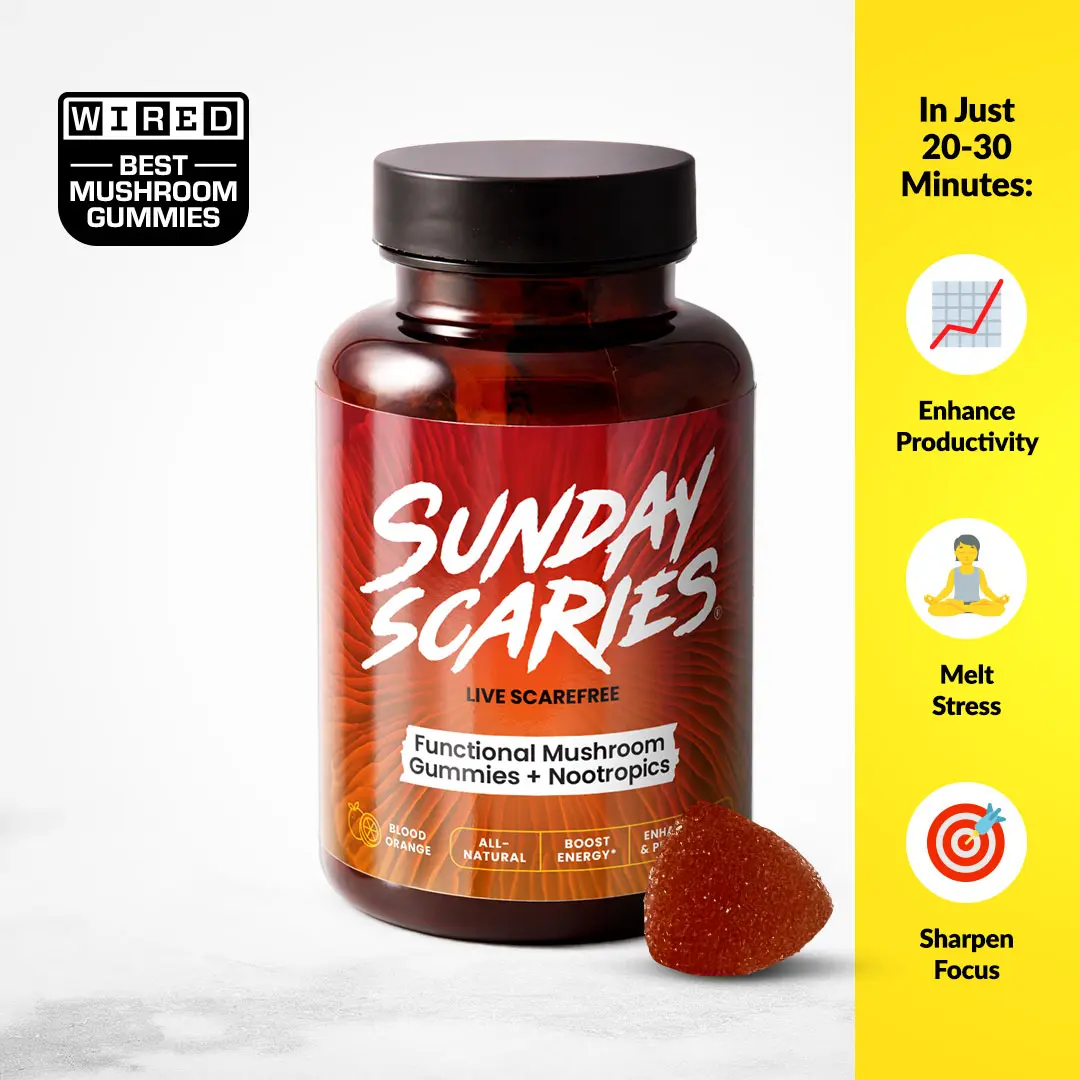 Sunday Scaries Mushroom Gummies - 30 Pieces, 100mg Organic Lion's Mane & Chaga, Enhance Focus & Energy, Supplements for Productivity, Boost Brain Health, All-Natural Gummies