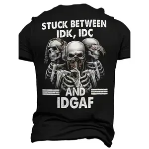 Men's 3D Skull Pattern T-shirt - "sandwiched between Idk, IDC, and IDGAF" interesting design, round neck short sleeved, black casual summer adult T-shirt, daily T-shirt| Clothes Menswear Polyester  Oversized Tshirt Streetwear Gamis Crewneck Shortsleeve