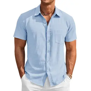 Runcati Mens Button Down Linen Shirt Short Sleeve Casual Vacation Shirts Summer Beach Wedding Tops with Pocket Shortsleeve