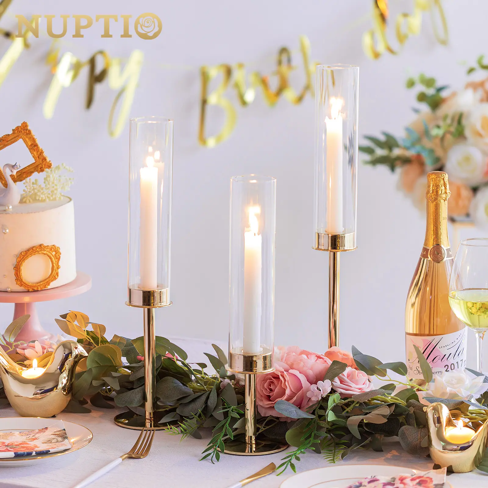 Hurricane Tall Candlestick Holders, Gold Metal Candle Holders, Taper Candle Holders with Glass Cylinder Chimney, Long Skinny Candle Holders for Table Centerpiece Wedding 20’’22’’24’’