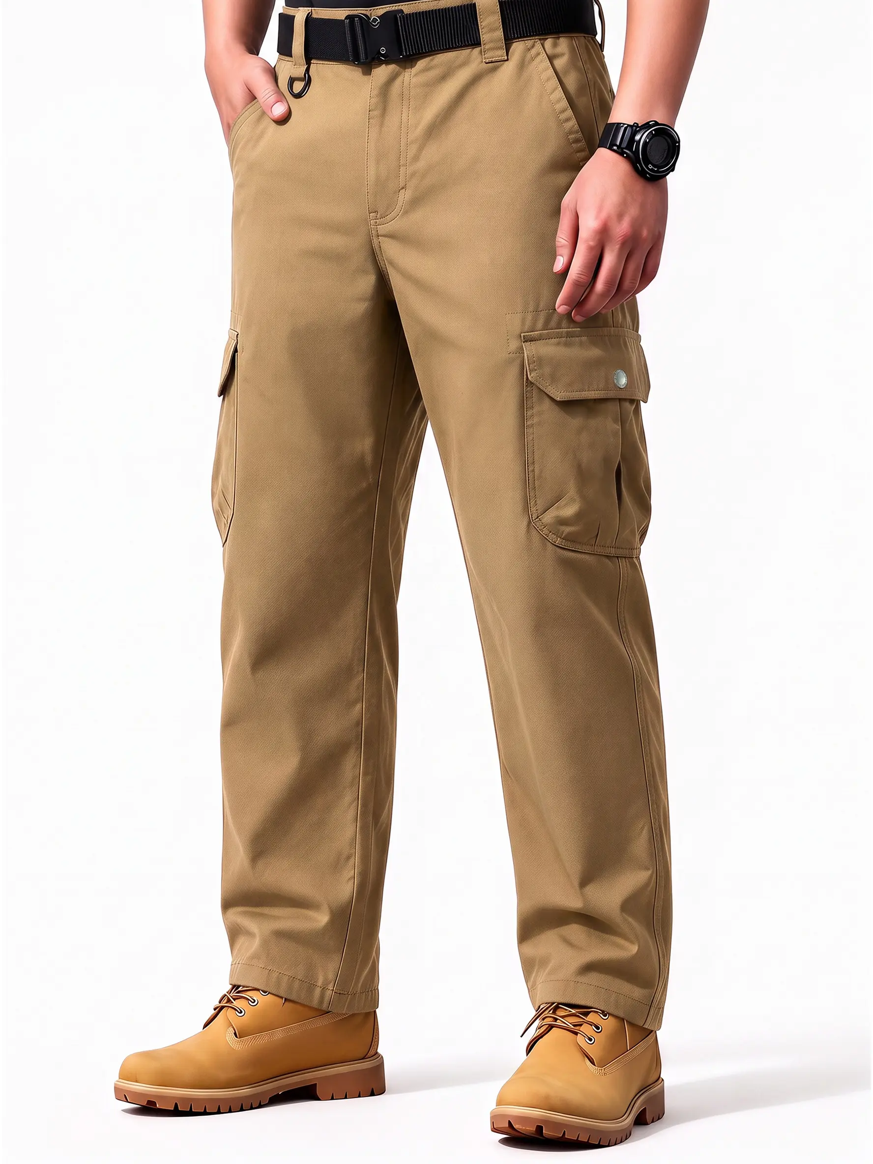 Men’s outdoor wear-resistant cargo pants with an elastic waistband and multiple pockets, loose straight-leg work trousers suitable for hiking, camping, fishing, and everyday casual wear.