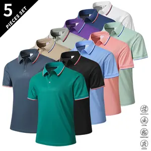 Pack of 5 striped color-block collared shirts with a three-button placket; breathable quick-dry casual shirt featuring lightweight stretch polyester button design; everyday short-sleeve top for an active lifestyle.
