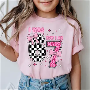 [Sale Up To 50%] I Was 6 Now I’m 7 Birthday Girl Shirt, Funny 7th Birthday Tee, Cute Pink Checkered & Leopard Age 7 Outfit, Kids Birthday Party Top