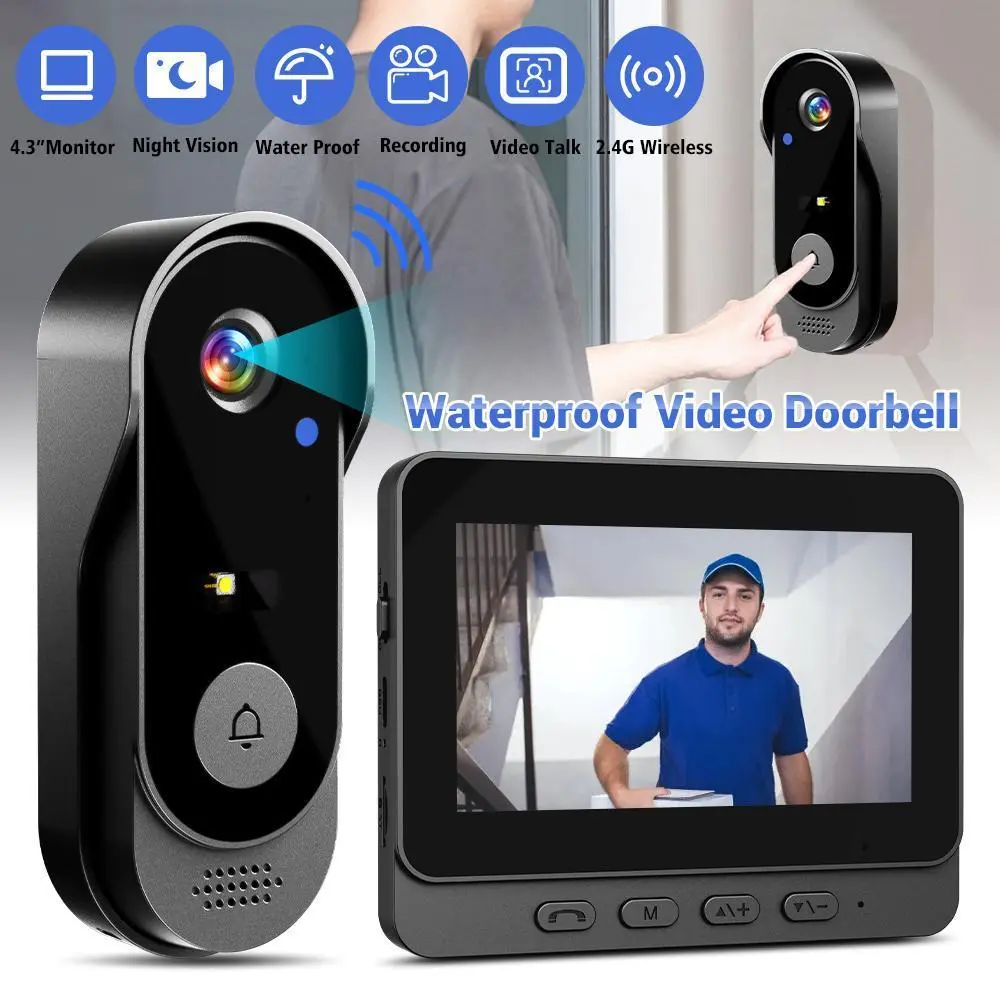 Wireless Video Doorbell with 4.3 Inch Color Screen 2.4G WiFi Connectivity Night Vision Waterproof Long Battery Life Includes Chime and Installation Accessories,for Valentine’s Day Gift
