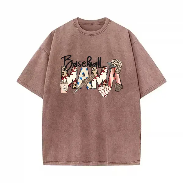Women's Cotton Oversized Retro Washed Crewneck Short-Sleeve Breathable Casual T-Shirt with "Baseball Mum" Graphics & Print