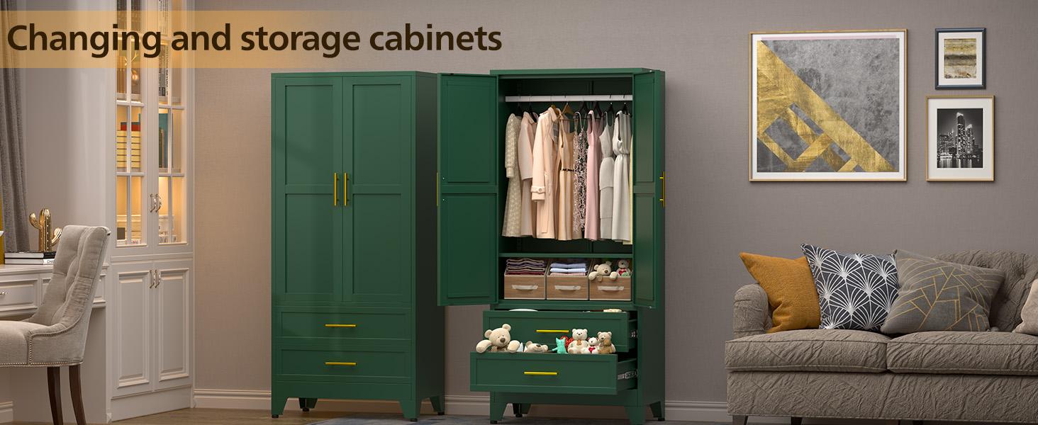 Metal Wardrobe Closet 71" with 2 Doors & 2 Drawers, Armoire Wardrobe Closet with Hanging Rods and Adjustable Shelf, Steel Wardrobe Storage Cabinet for Bedroom, Large mothersdaygift