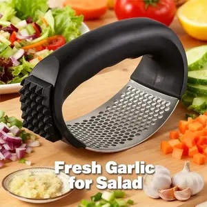 Press Rocker Stainless Steel Ginger Crusher, Garlic Mincer and Squeezer Kitchen Gadget with Ergonomic handle, Silicone Tube Garlic Peeler, Scraper and Cleaning Brush Tool Set(Black)