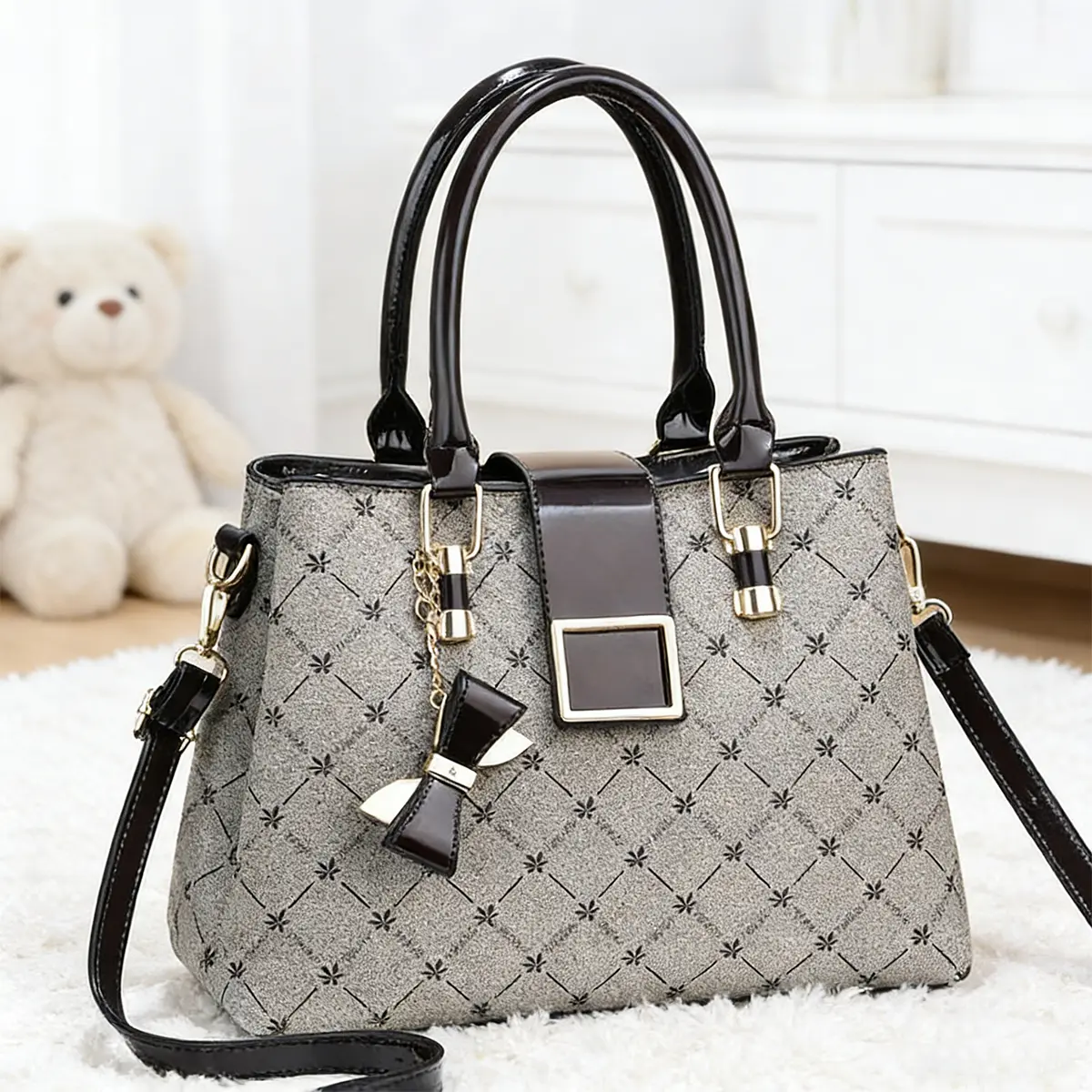 Women's Elegant Light-Luxury Plaid Tote Bag - PU Fabric, Bow Charm, Metal Buckle, Zipper, Delicate Embellishments, Glossy Textured Patchwork, Handheld-Crossbody Design for Commuting, Dates