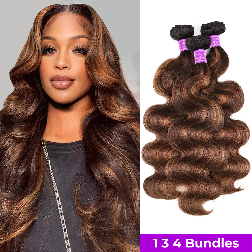 FB 30 Brown Highlight Human Hair Bundles P4 27 Highlight Body Wave Bundles Ombre Colored Remy Human Hair Extentions For Women Curly Hair Extensions Sew In Hair #Summervibes