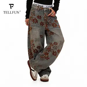 TELLFUN Men’s Floral Print Y2K Loose-Fitting Wide-Leg Denim Jeans, Harajuku Hip-Hop Boyfriend-Fit Streetwear Unisex Pants
