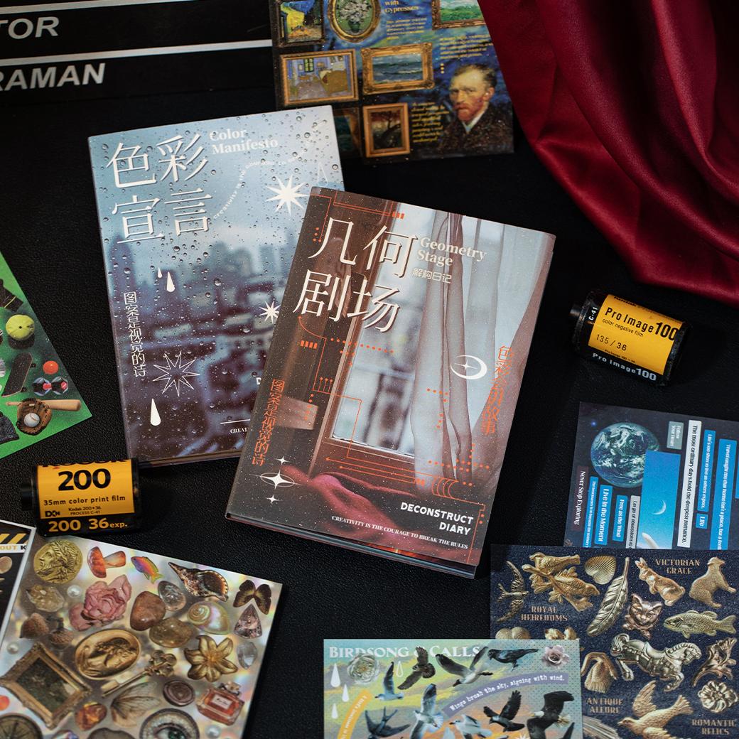 2 Style 30 Sheets Aesthetic Mixed Finish Sticker Book - Vaporwave Geometry & Pastel Color Mood Board Decals for Scrapbooking 9 Glossy 9 Textured 12 Matte